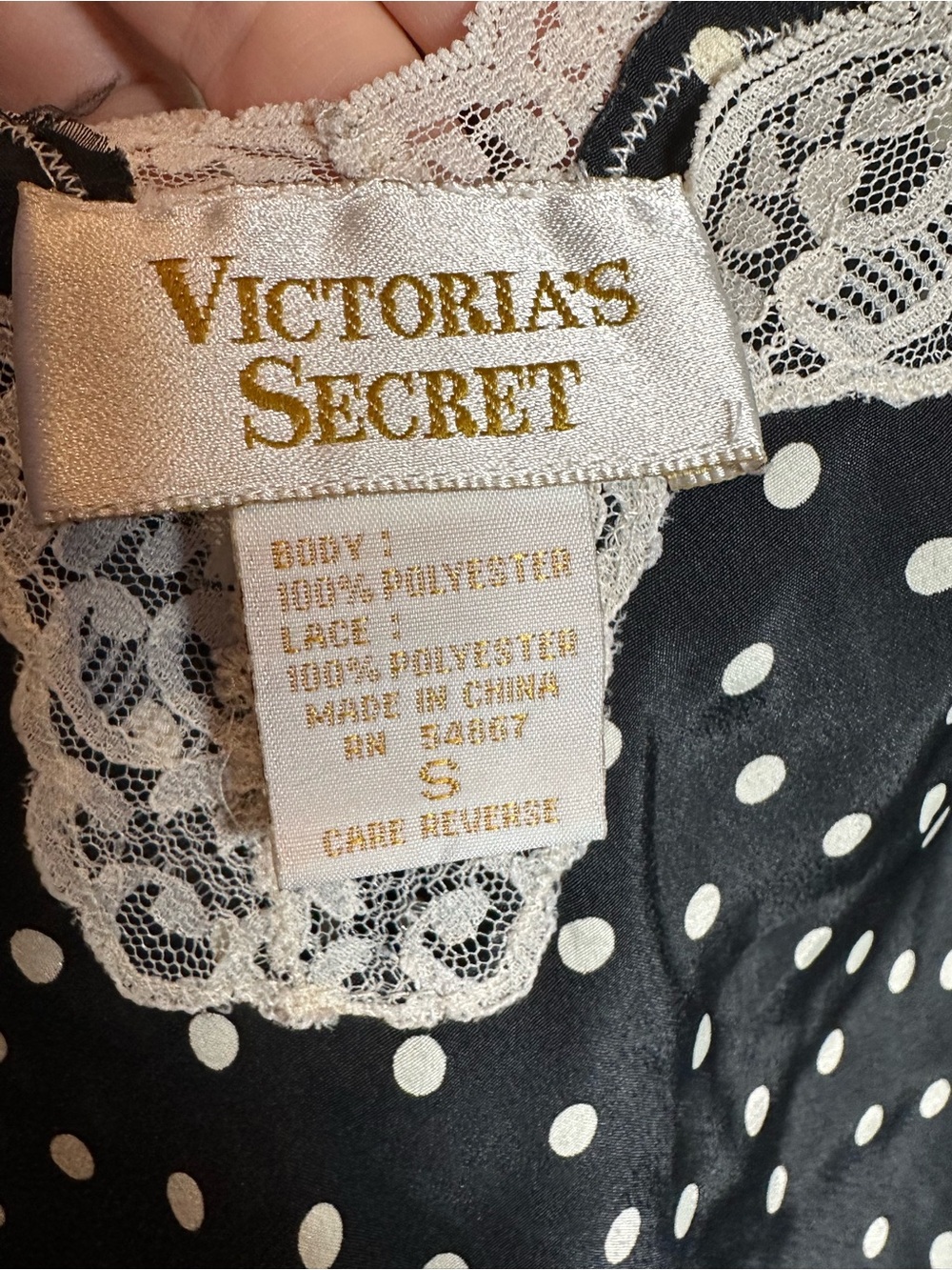 Victoria's Secret Black Polka Dot Slip with Cream Lace Trim gold label size S
